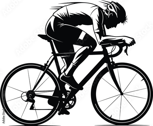 Dynamic black and white vector illustration of a professional road cyclist in an aerodynamic racing position, capturing speed and intensity for competitive cycling sports.