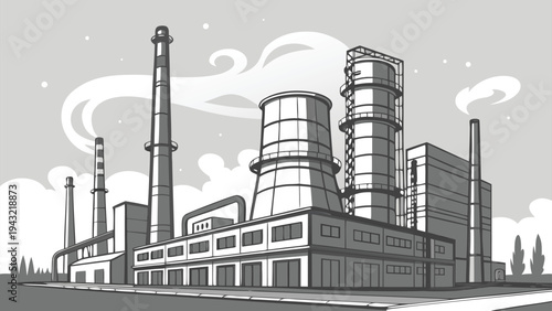Vector illustration of industrial factory with smokestacks, stylized black and white illustration