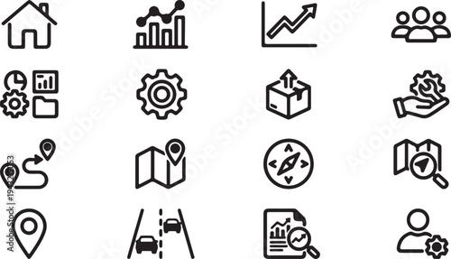 Collection of diverse line icons representing business home and location