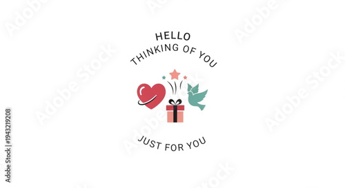 Heartfelt gift illustration with bird star and present hello thinking of you message