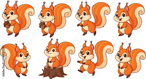 Cute squirrel cartoon characters collection holding acorn and playful poses woodland animal flat vector illustration set isolated