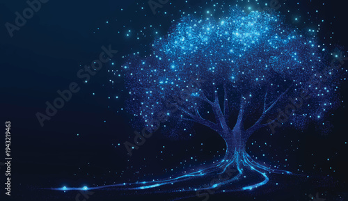 Blue tree with glowing dots and lines on a dark blue background