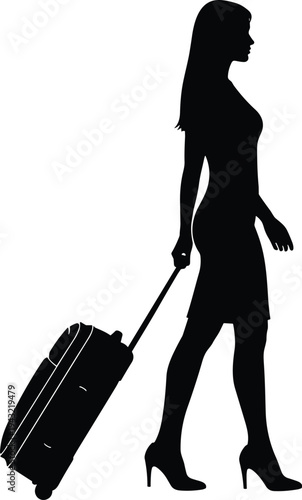 Elegant female traveler silhouette walking confidently with rolling suitcase, stylish dress and high heels, symbolizing modern travel, vacation, business trip, mobility, independence, and adventure jo