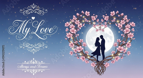 Romantic couple silhouette under cherry blossoms moonlight