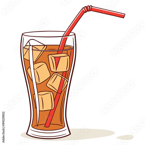 Vector illustration of refreshing glass of iced tea with red straw and ice cubes drink illustration