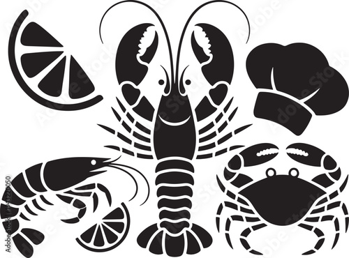 Summer seafood silhouette of lobster shrimp and crab with lemon isolated on transparent background