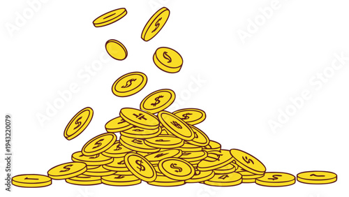 Vector illustration of falling gold dollar coins creating a pile of money concept illustration