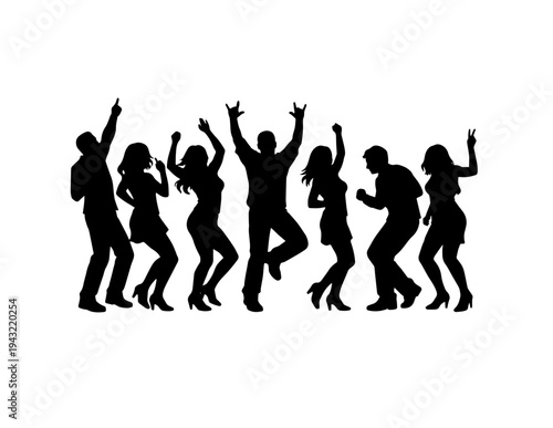 Dynamic black silhouettes of seven diverse people dancing and celebrating with raised arms, perfect for party, event, or music-themed designs and promotions vector