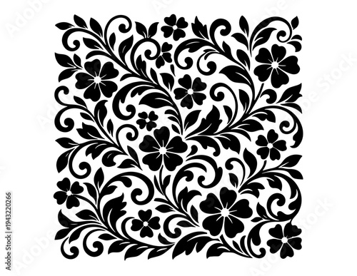 Elegant Black and White Floral Pattern Vector Illustration with Intricate Swirls and Blooming Flowers for Decorative Backgrounds and Design Elements