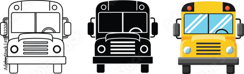 Three front-facing school bus graphics are displayed showing line art, solid black silhouette, and full color versions.