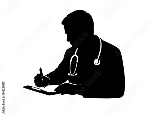 Professional Male Doctor Silhouette Vector Illustration with Stethoscope Writing on Clipboard, Ideal for Medical, Healthcare, and Business Design Projects