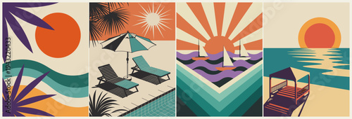 Set of four retro tropical vacation scenes with sun, ocean waves, palm leaves, sailboats, beach chairs, and gazebo. Minimalist flat vector in warm sunset colors inspired by vintage travel posters