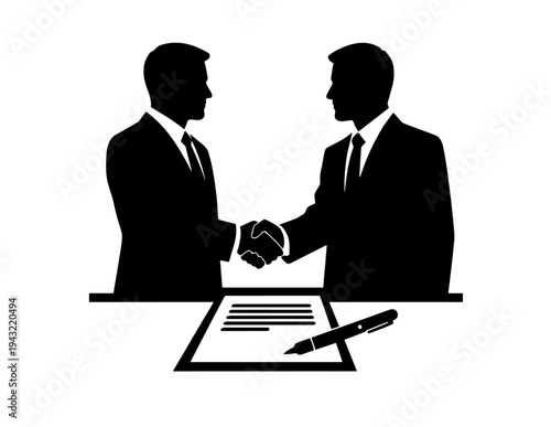 Businessmen Handshake Agreement Vector Icon: Professional Silhouette Illustration of Two Men Shaking Hands Over a Signed Contract Document with a Pen, Symbolizing Partnership and Deal Completion