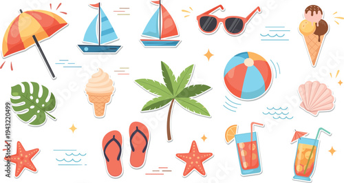 Summer beach vacation collection with sailboat umbrella sunglasses ice cream cocktail flip flops vector illustration set