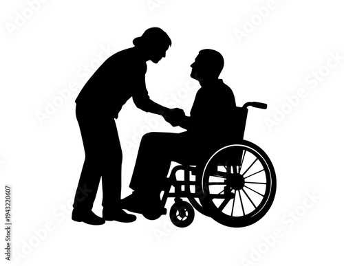 Caring Silhouette Vector Illustration: Person Assisting Man in Wheelchair, Symbolizing Support, Disability Care, and Empathy
