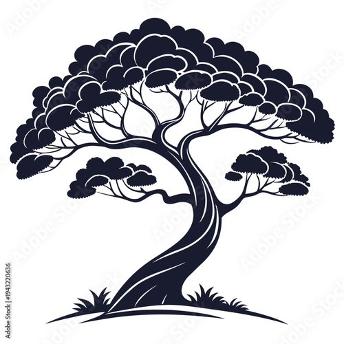 Vector illustration of decorative tree silhouette with spreading canopy and twisted trunk illustration