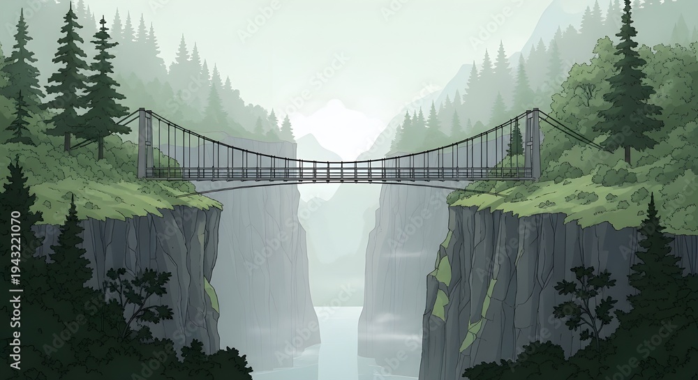 Fototapeta premium Misty suspension bridge over a serene river canyon