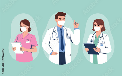 Diverse medical team including a male doctor and two female healthcare professionals providing care