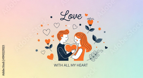 Loving couple embracing with hearts and flowers on colorful background