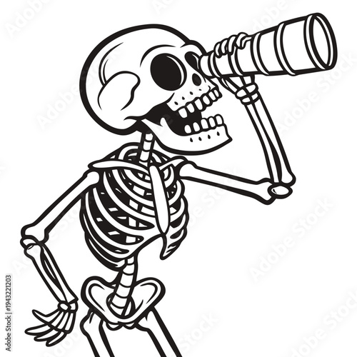 Vector illustration of cartoon illustration of a skeleton looking through a telescope as an adventure explorer