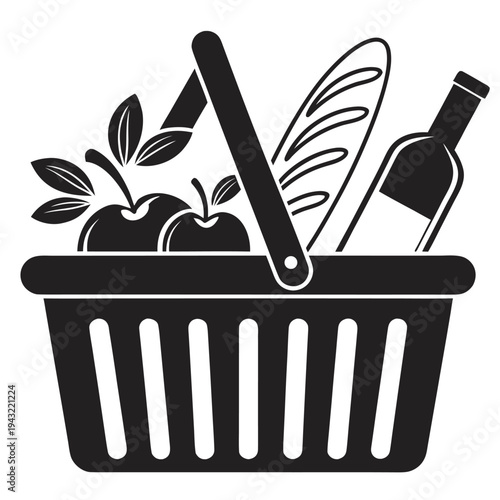 Vector illustration of black silhouette icon of a picnic basket filled with wine bottle bread and fruit