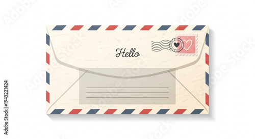 Vintage airmail envelope with hello greeting and heart stamp on white background