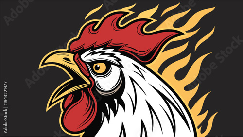 Vector illustration of fierce rooster head with burning flames mascot vector illustration on dark background