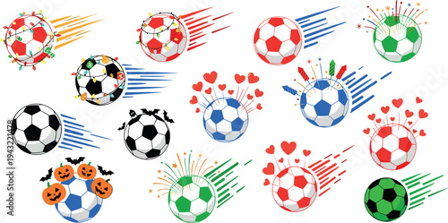 Flying soccer ball collection with colorful football motion trails celebration fireworks hearts vector illustration set