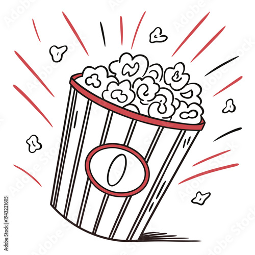 Vector illustration of classic popcorn bucket with bursting kernels in cartoon doodle style