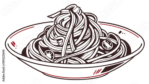 Vector illustration of delicious spaghetti pasta noodles in a bowl hand drawn outline