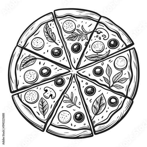 Vector illustration of whole sliced pizza with toppings in hand drawn outline style