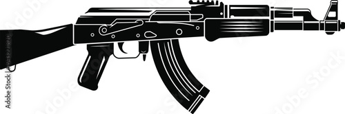Black and white of an A K-47 assault rifle with a wooden stock and curved magazine AK-47