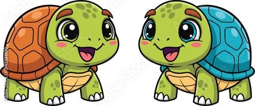 Cute baby turtle cartoon characters with colorful shells adorable reptile mascot animals flat vector illustration set isolated