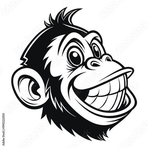 Vector illustration of monochrome cartoon monkey head with wide grin and toothy smile