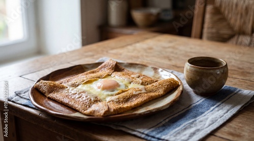 Traditional Breton Buckwheat Galette Complete With Egg Cheese and Ham on Rustic Farmhouse Table French Cuisine