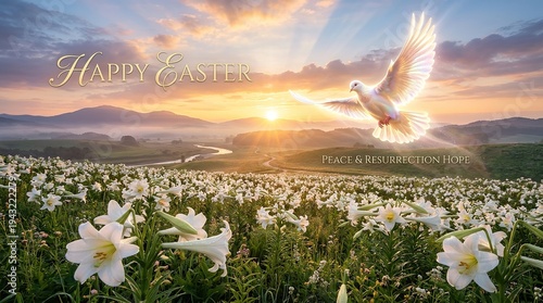 Easter Morning Sunrise with White Lilies and Holy Dove Symbolizing Peace and Hope