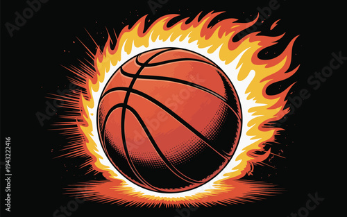 Dynamic orange basketball engulfed in powerful fiery yellow and red flames on a solid black backdrop