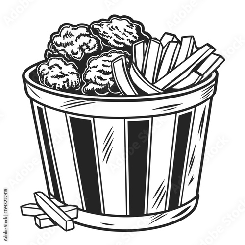 Vector illustration of monochrome fried chicken and french fries bucket fast food takeaway graphic