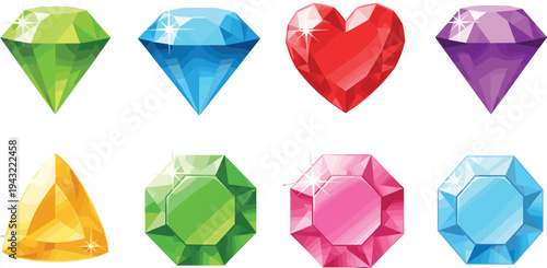 Colorful gemstone diamonds collection shiny crystal jewels ruby sapphire emerald cartoon flat vector illustration set isolated