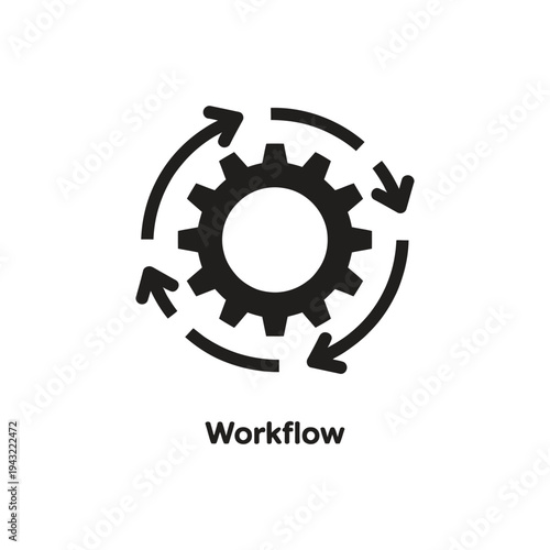 work flow line icon featuring gear mechanism and structured process flow, symbolizing business automation, productivity management and digital system operations.