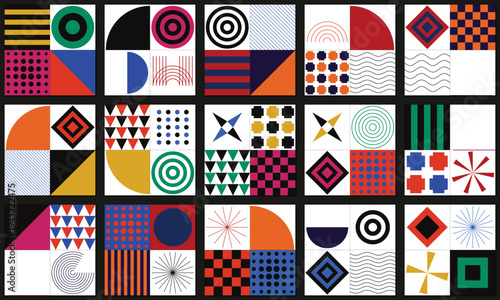 Abstract Geometric Pattern Collection Vector with Vibrant Bauhaus Inspired Shapes and Modern Design Elements for Creative Backgrounds and Graphic Projects