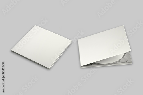 CD disc and carton packaging cover template mock up. Digipak case of cardboard CD drive. With white blank for branding design or text. Isolated on a background. 3d rendering.
