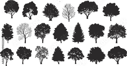 Collection of black and white silhouettes of various trees on a white background