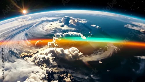 Earth from Space with Majestic Cloud Formations, Atmospheric Glow, and Sun on Horizon