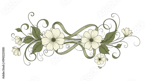 Elegant floral border design with large white flowers green leaves and decorative swirls on a clean white background for wedding invitations.