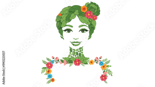 Artistic portrait of a woman whose hair and neck are composed of various green leaves and vibrant colorful flowers in a surreal nature theme.
