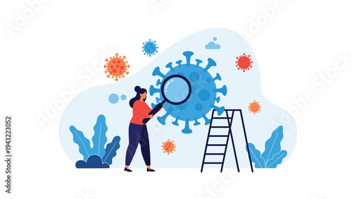 Woman using a large magnifying glass to inspect a massive blue virus molecule with other viruses floating in the background for research.