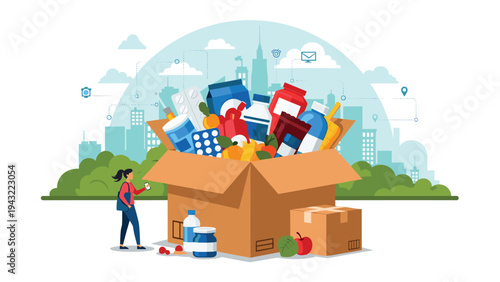 Massive open cardboard box filled with food medicine and household supplies in front of a city skyline representing charity and aid.
