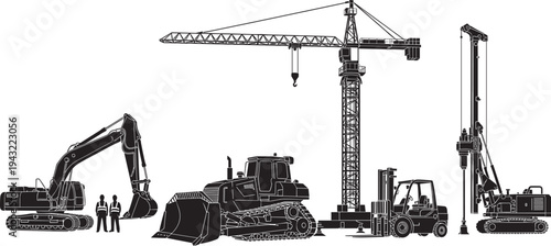 Black silhouette vector set of heavy construction equipment featuring excavator, bulldozer, tower crane, forklift, drilling rig, and workers on white background isolated.