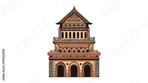 Intricate illustration of a traditional tiered temple building with decorative patterns and architectural details on a white background.